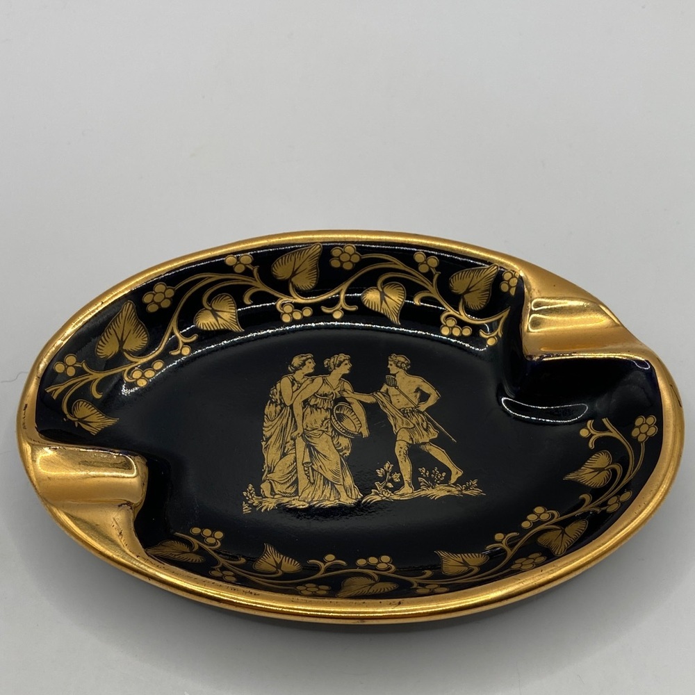 Vintage Handmade In Greece Neofitou Keramik Gloss Black Ashtray 24K Gold Trim